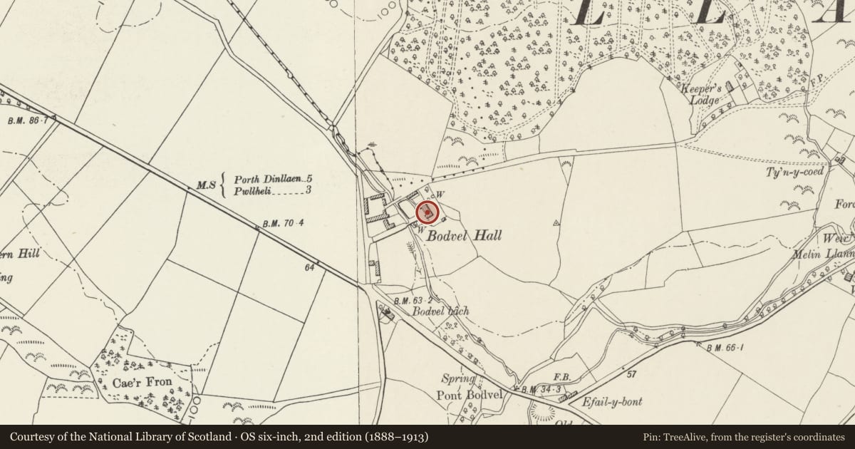 Ordnance Survey six-inch map, 2nd edition (1888–1913) covering the location of Bodfel, Llannor, Gwynedd, with a pin at the register's coordinates