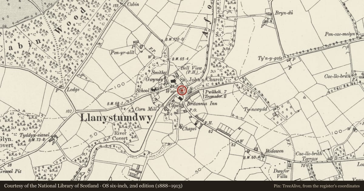 Ordnance Survey six-inch map, 2nd edition (1888–1913) covering the location of Pont Llanystumdwy, Gwynedd, with a pin at the register's coordinates