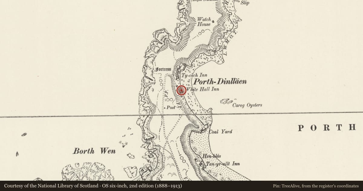 Ordnance Survey six-inch map, 2nd edition (1888–1913) covering the location of White Hall, Nefyn, Gwynedd, with a pin at the register's coordinates