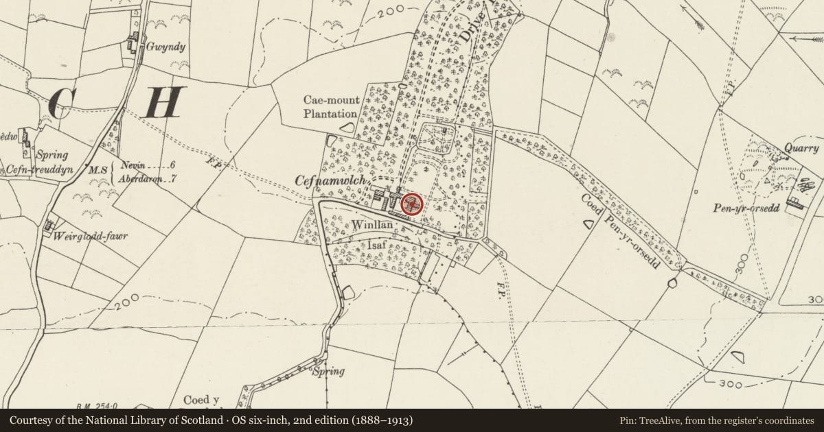 Ordnance Survey six-inch map, 2nd edition (1888–1913) covering the location of Cefnamwlch, Tudweiliog, Gwynedd, with a pin at the register's coordinates