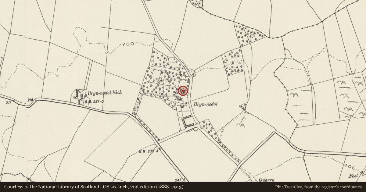 Ordnance Survey six-inch map, 2nd edition (1888–1913) covering the location of Bryn Nodol, Tudweiliog, Gwynedd, with a pin at the register's coordinates