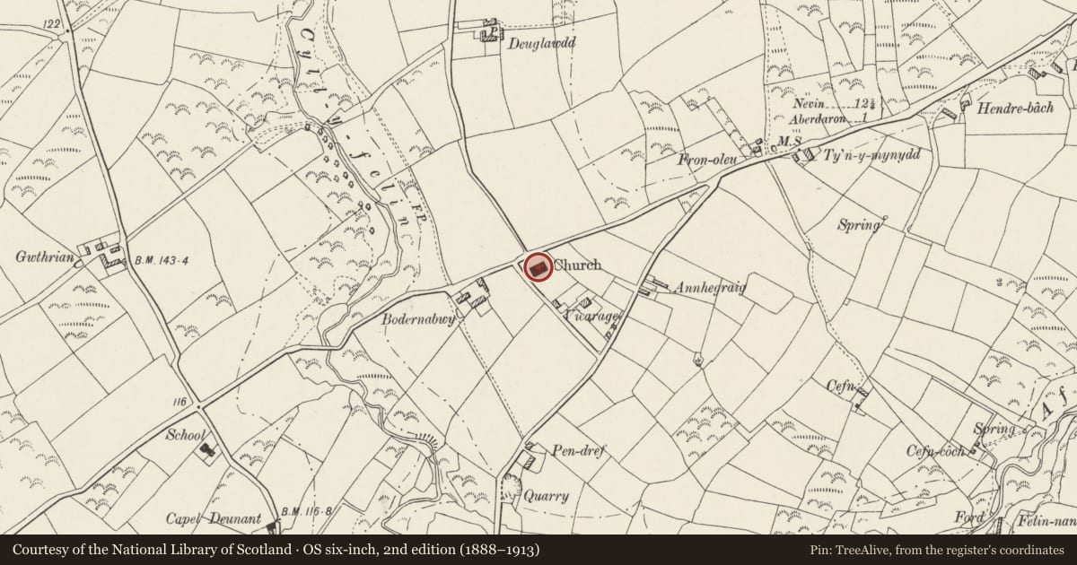 Ordnance Survey six-inch map, 2nd edition (1888–1913) covering the location of Aberdaron New Church, Gwynedd, with a pin at the register's coordinates