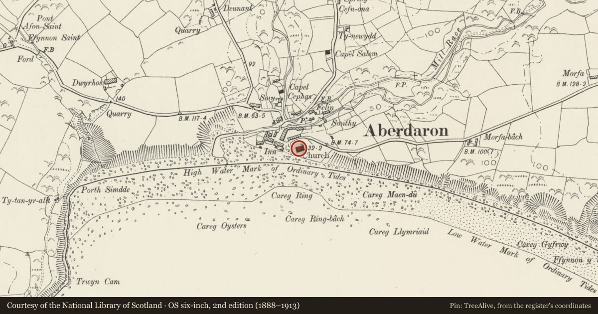Ordnance Survey six-inch map, 2nd edition (1888–1913) covering the location of Church of St Hywyn, Aberdaron, Gwynedd, with a pin at the register's coordinates