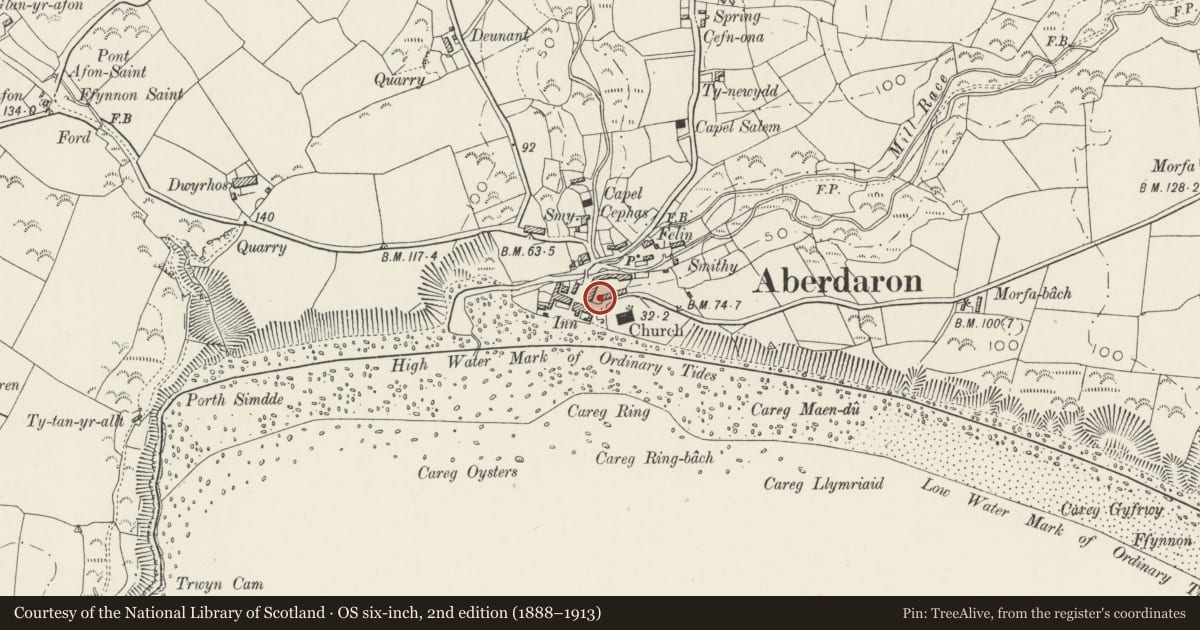 Ordnance Survey six-inch map, 2nd edition (1888–1913) covering the location of Row of 5 Cottages North of & opposite Church of St Hywyn, Aberdaron, Gwynedd, with a pin at the register's coordinates