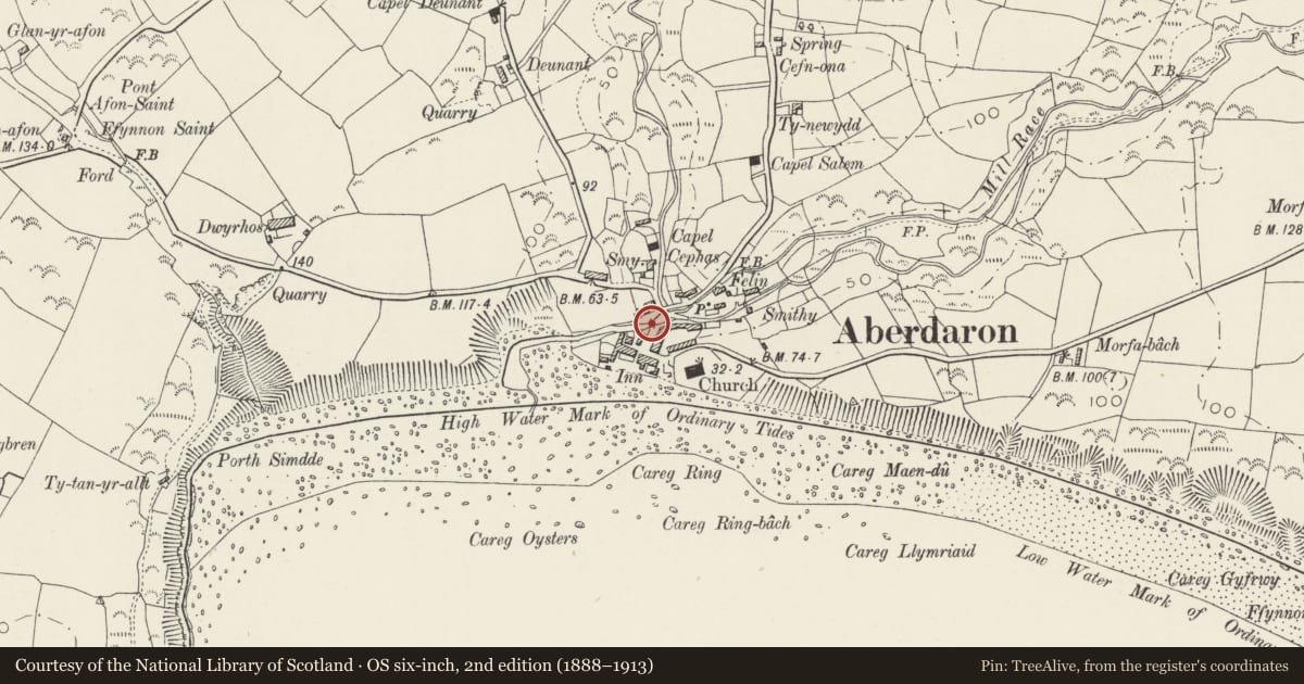 Ordnance Survey six-inch map, 2nd edition (1888–1913) covering the location of Pont Fawr, Aberdaron, Gwynedd, with a pin at the register's coordinates