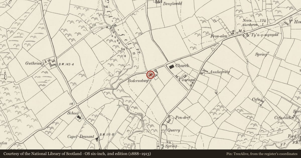 Ordnance Survey six-inch map, 2nd edition (1888–1913) covering the location of Bodernabwy, Aberdaron, Gwynedd, with a pin at the register's coordinates