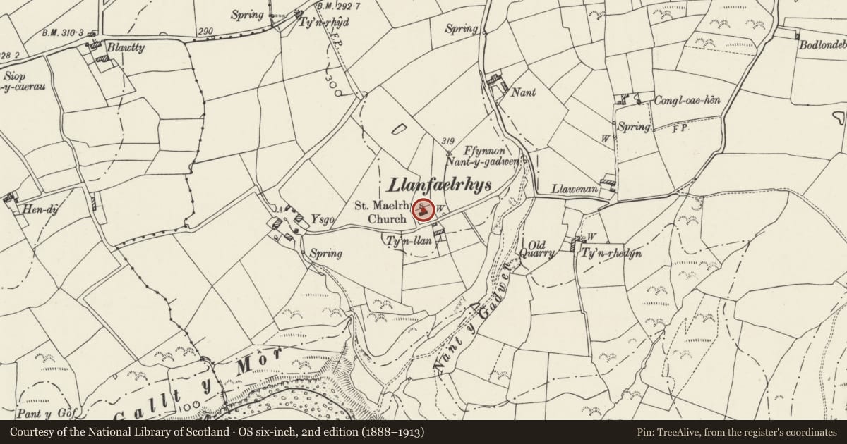 Ordnance Survey six-inch map, 2nd edition (1888–1913) covering the location of Church of St Maelrhys, Aberdaron, Gwynedd, with a pin at the register's coordinates