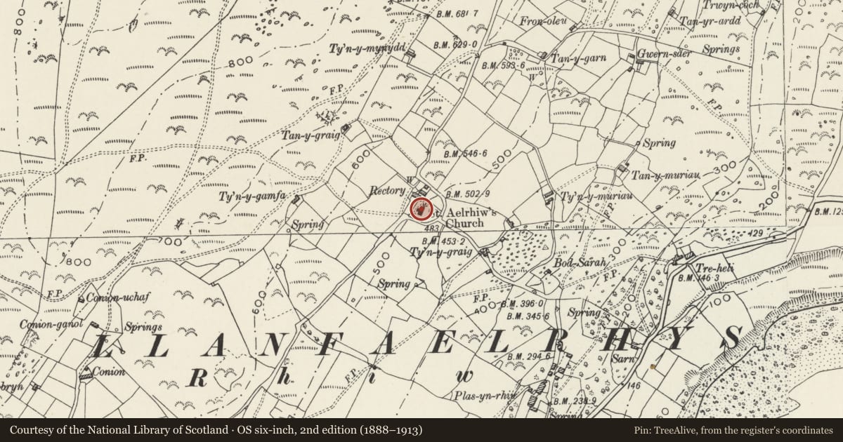Ordnance Survey six-inch map, 2nd edition (1888–1913) covering the location of Church of St Aelrhiw, Aberdaron, Gwynedd, with a pin at the register's coordinates