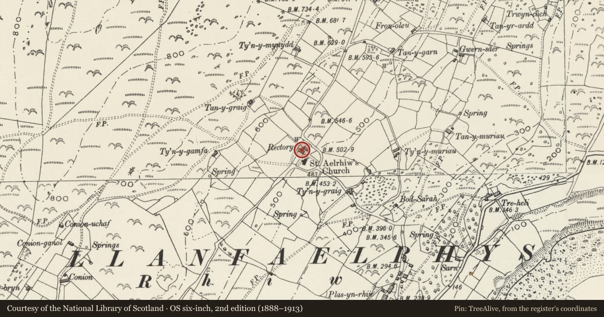 Ordnance Survey six-inch map, 2nd edition (1888–1913) covering the location of The Old Rectory, Aberdaron, Gwynedd, with a pin at the register's coordinates