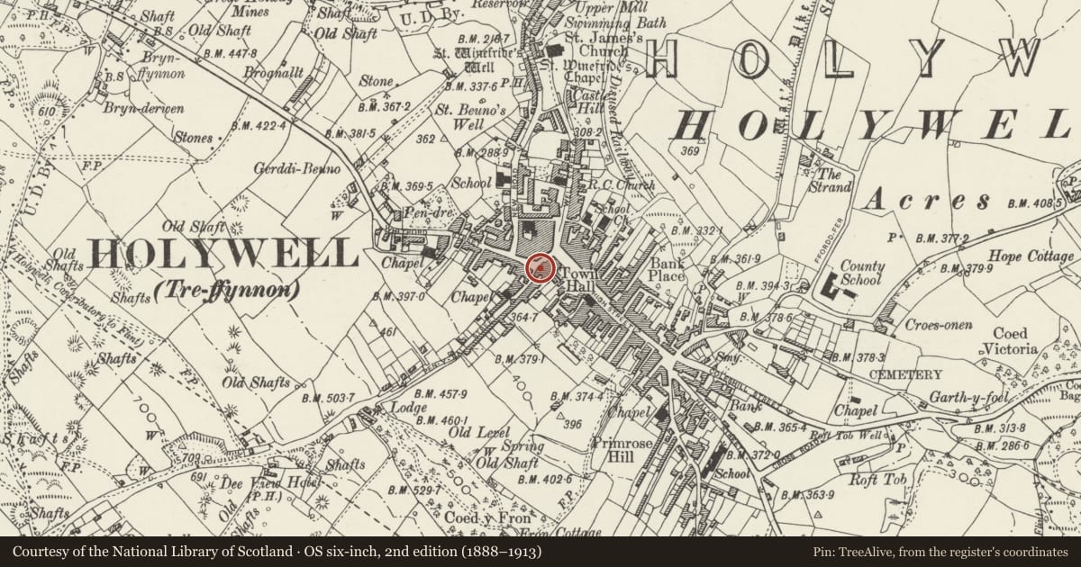 Ordnance Survey six-inch map, 2nd edition (1888–1913) covering the location of 7, Holywell, Flintshire, with a pin at the register's coordinates