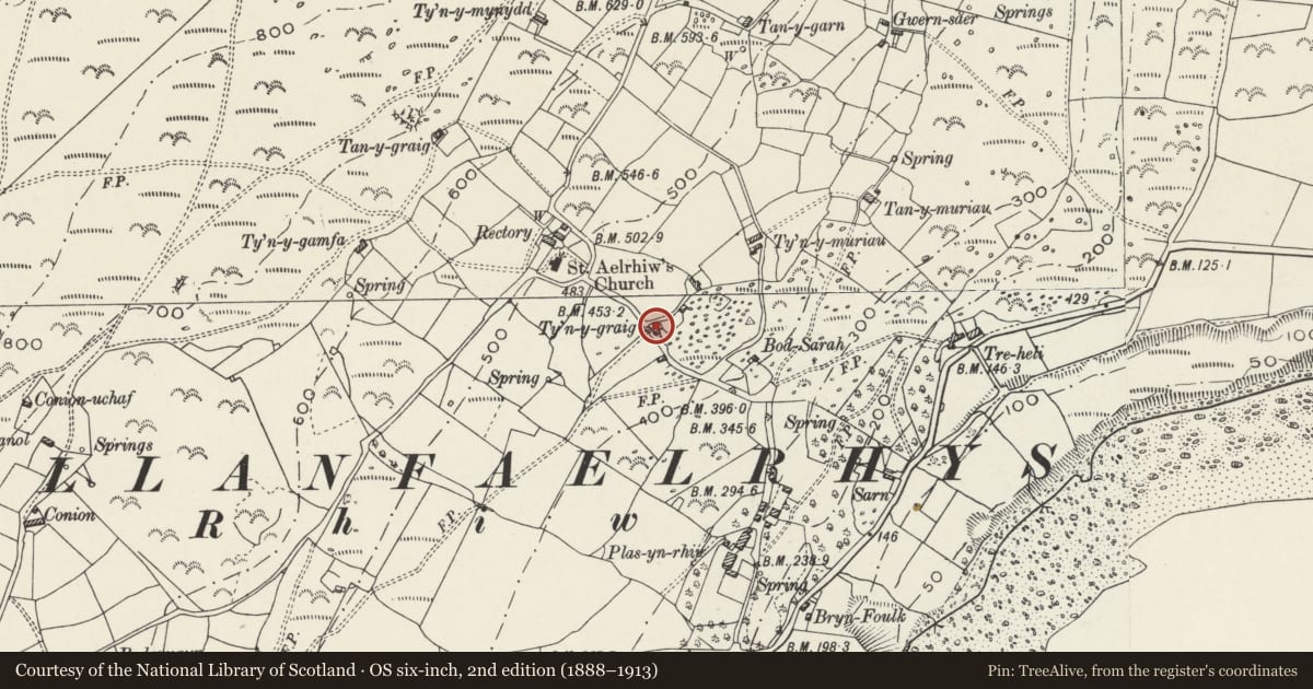 Ordnance Survey six-inch map, 2nd edition (1888–1913) covering the location of Ty'n-y-graig, Aberdaron, Gwynedd, with a pin at the register's coordinates