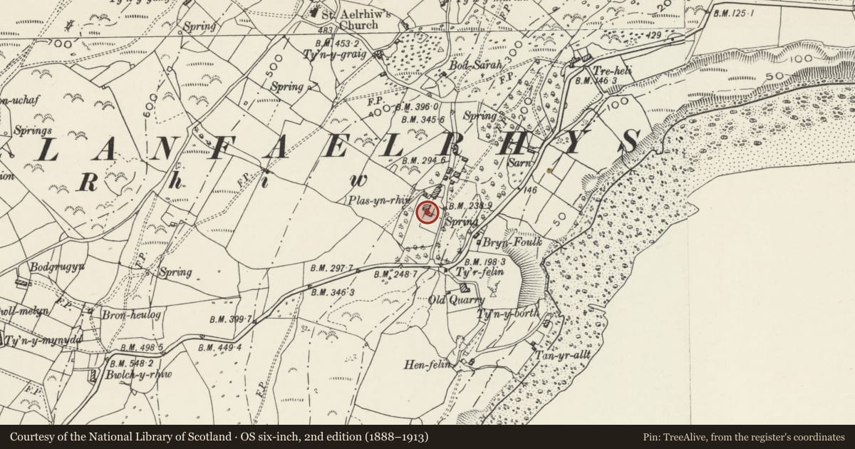 Ordnance Survey six-inch map, 2nd edition (1888–1913) covering the location of Bwthyn yr Ardd at Plas yn Rhiw, Aberdaron, Gwynedd, with a pin at the register's coordinates
