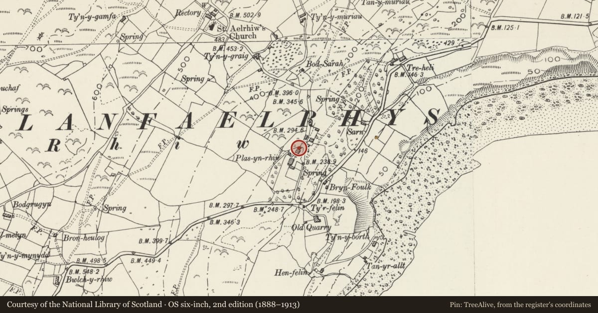 Ordnance Survey six-inch map, 2nd edition (1888–1913) covering the location of Stable at Plas yn Rhiw, Aberdaron, Gwynedd, with a pin at the register's coordinates