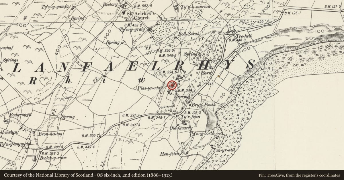 Ordnance Survey six-inch map, 2nd edition (1888–1913) covering the location of Yr Hen Gapel at Plas yn Rhiw, Aberdaron, Gwynedd, with a pin at the register's coordinates