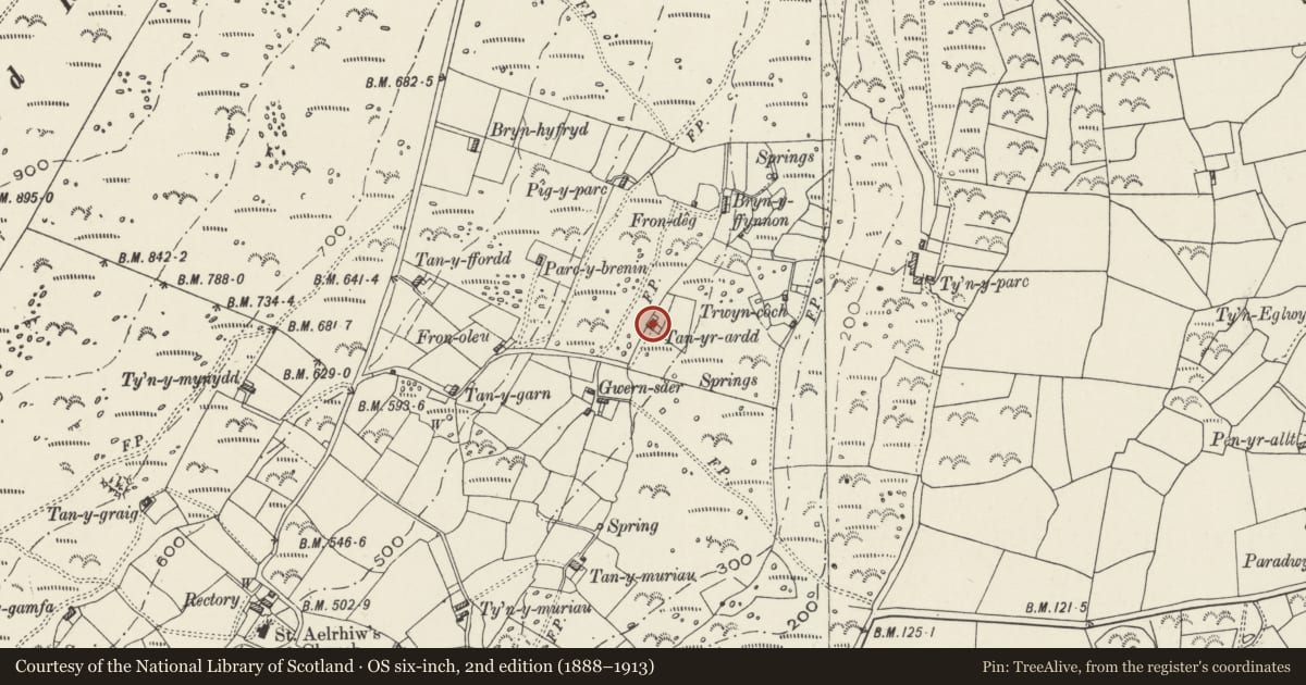 Ordnance Survey six-inch map, 2nd edition (1888–1913) covering the location of Tanyrardd, Aberdaron, Gwynedd, with a pin at the register's coordinates