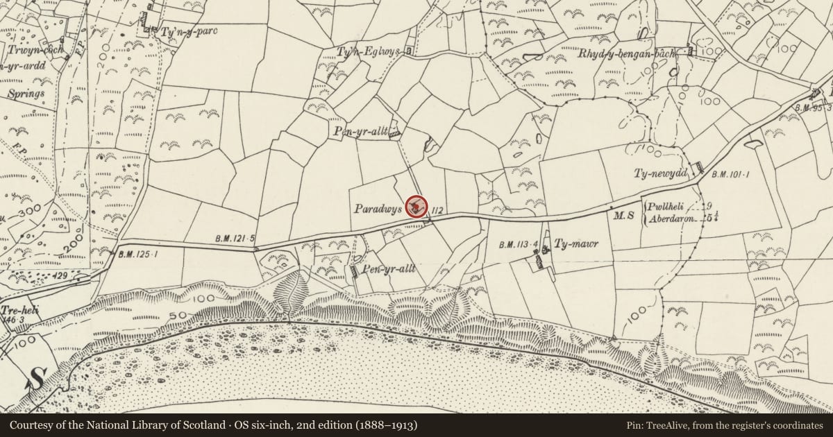 Ordnance Survey six-inch map, 2nd edition (1888–1913) covering the location of Penrallt Neigwl, Aberdaron, Gwynedd, with a pin at the register's coordinates