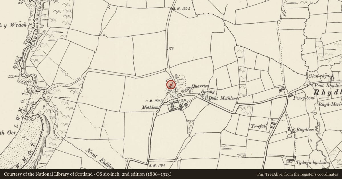 Ordnance Survey six-inch map, 2nd edition (1888–1913) covering the location of Barn to N of Methlem, Aberdaron, Gwynedd, with a pin at the register's coordinates