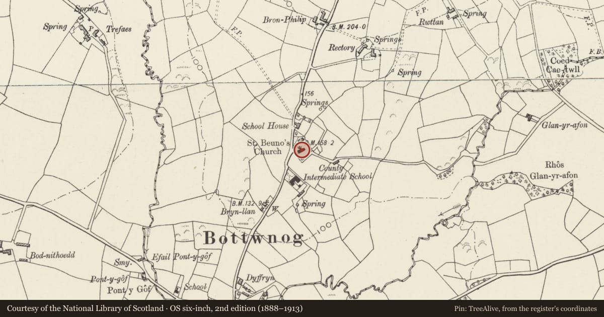 Ordnance Survey six-inch map, 2nd edition (1888–1913) covering the location of Church of St Beuno, Botwnnog, Gwynedd, with a pin at the register's coordinates