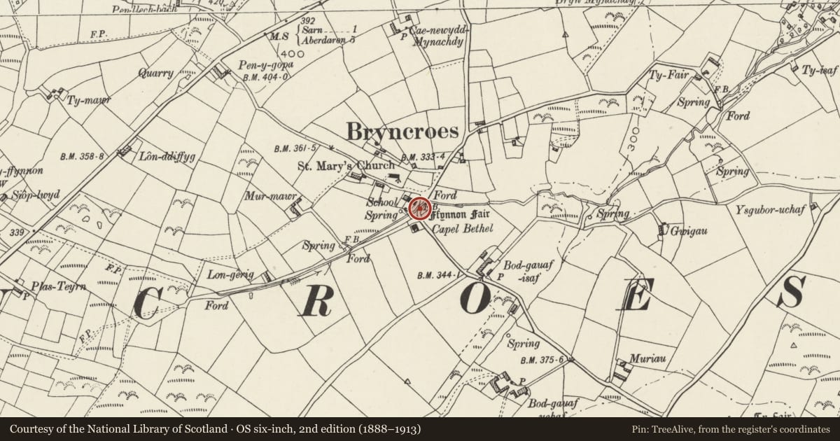 Ordnance Survey six-inch map, 2nd edition (1888–1913) covering the location of Ffynnon Fair and Bridge, Botwnnog, Gwynedd, with a pin at the register's coordinates