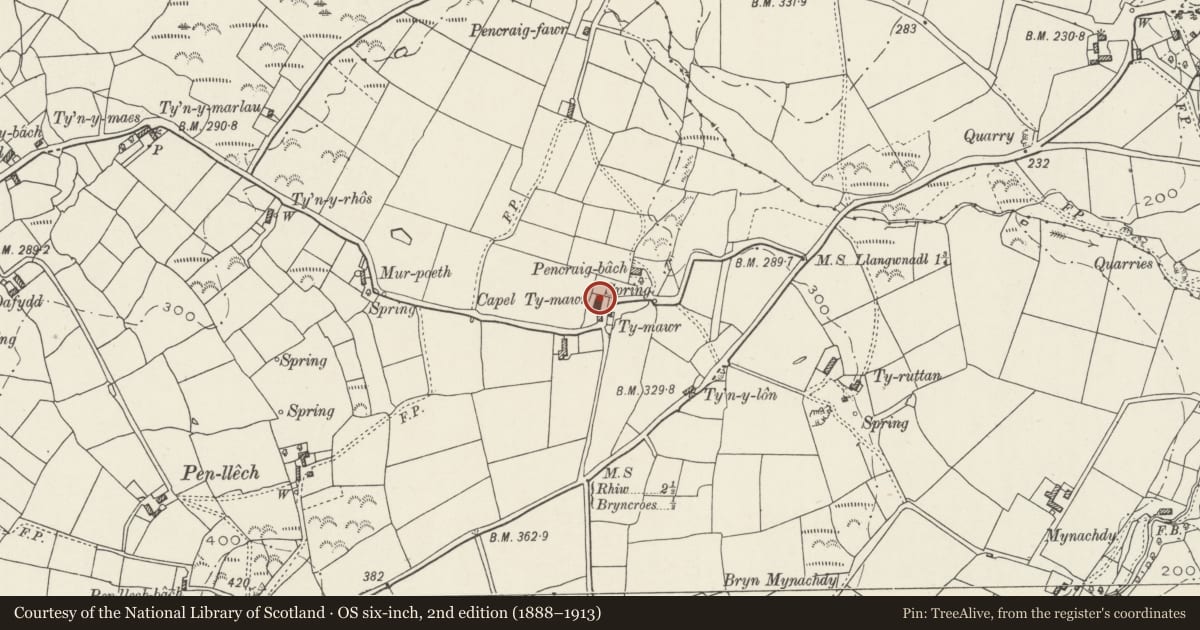 Ordnance Survey six-inch map, 2nd edition (1888–1913) covering the location of Capel Ty Mawr, Botwnnog, Gwynedd, with a pin at the register's coordinates