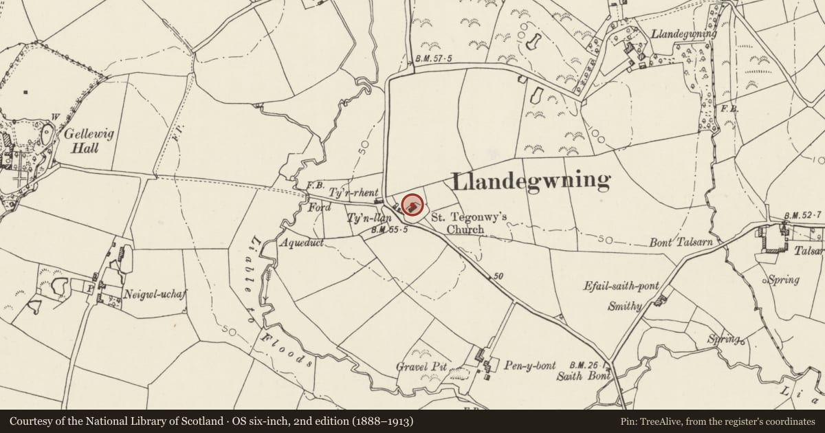 Ordnance Survey six-inch map, 2nd edition (1888–1913) covering the location of Church of St Gwyninin, Botwnnog, Gwynedd, with a pin at the register's coordinates