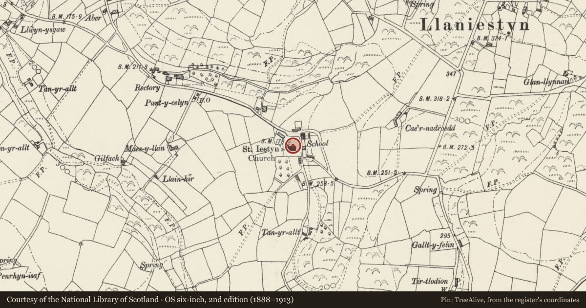 Ordnance Survey six-inch map, 2nd edition (1888–1913) covering the location of Church of St Iestyn, Tudweiliog, Gwynedd, with a pin at the register's coordinates