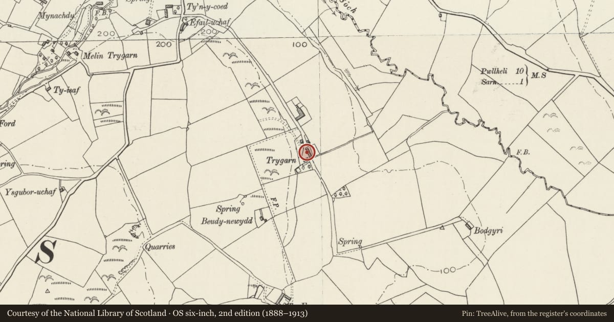 Ordnance Survey six-inch map, 2nd edition (1888–1913) covering the location of Trygarn, Botwnnog, Gwynedd, with a pin at the register's coordinates