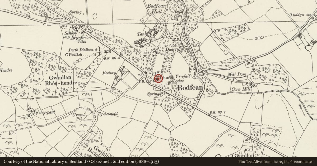 Ordnance Survey six-inch map, 2nd edition (1888–1913) covering the location of Church of St Buan, Gwynedd, with a pin at the register's coordinates
