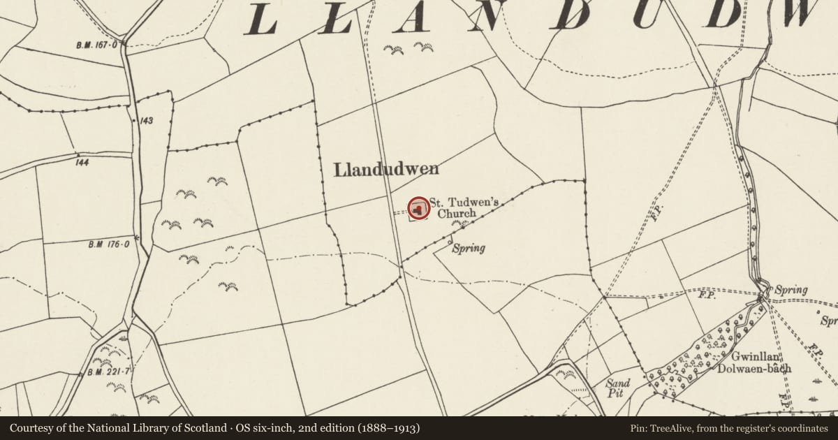 Ordnance Survey six-inch map, 2nd edition (1888–1913) covering the location of Church of St Tudwen, Buan, Gwynedd, with a pin at the register's coordinates