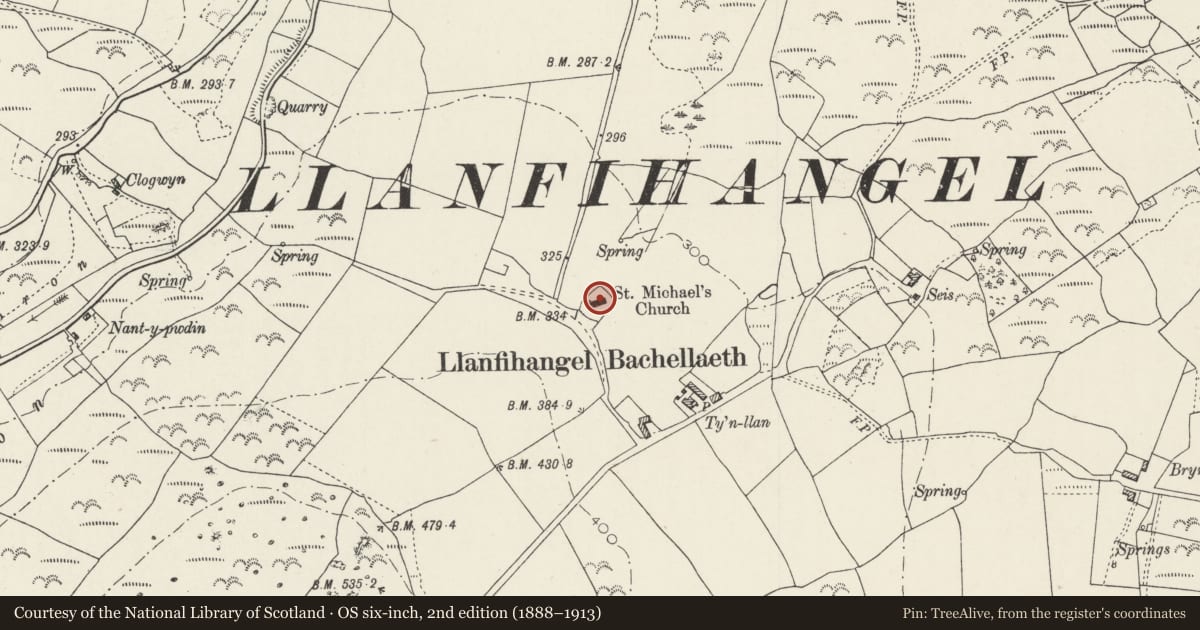 Ordnance Survey six-inch map, 2nd edition (1888–1913) covering the location of Church of St Michael, Buan, Gwynedd, with a pin at the register's coordinates