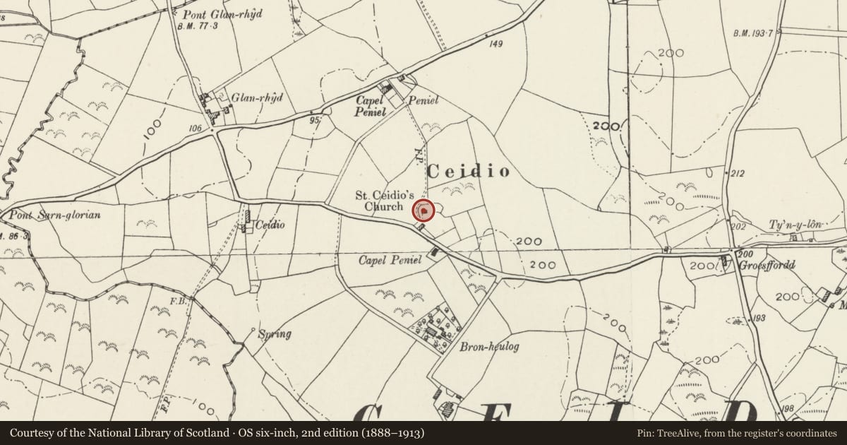 Ordnance Survey six-inch map, 2nd edition (1888–1913) covering the location of Church of St Ceidio, Buan, Gwynedd, with a pin at the register's coordinates