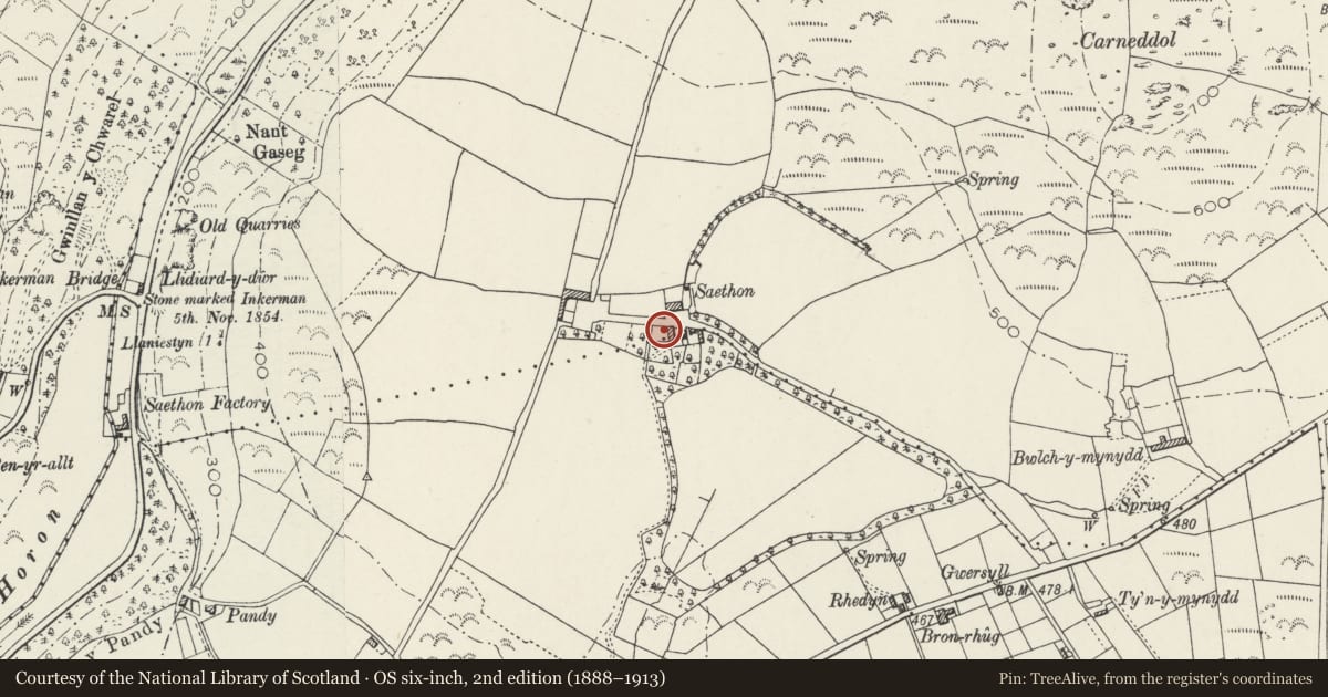 Ordnance Survey six-inch map, 2nd edition (1888–1913) covering the location of Saethon Old Farmhouse, Llanengan, Gwynedd, with a pin at the register's coordinates
