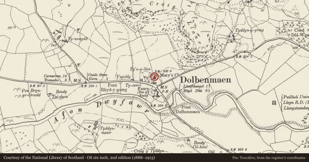 Ordnance Survey six-inch map, 2nd edition (1888–1913) covering the location of Parish Church of St Mary, Dolbenmaen, Gwynedd, with a pin at the register's coordinates