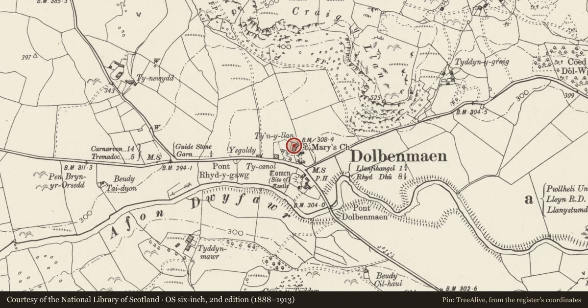Ordnance Survey six-inch map, 2nd edition (1888–1913) covering the location of Plas Holland, Dolbenmaen, Gwynedd, with a pin at the register's coordinates