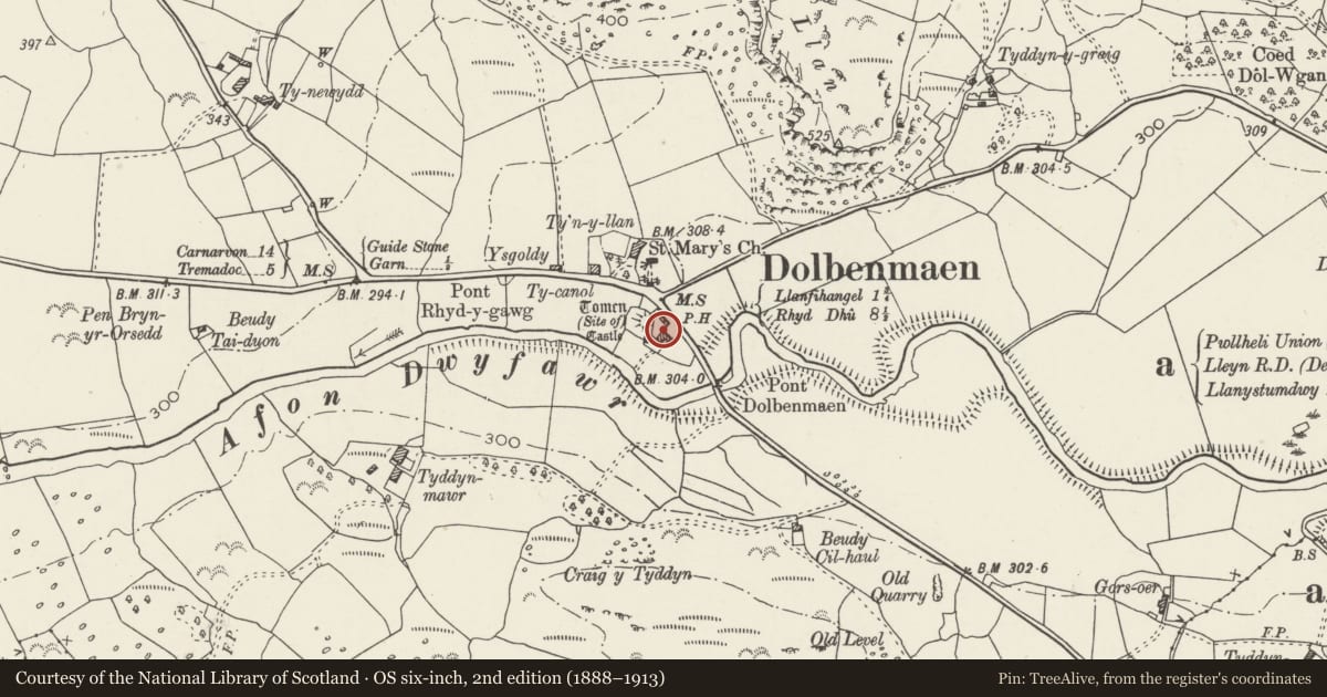 Ordnance Survey six-inch map, 2nd edition (1888–1913) covering the location of Plas Dolbenmaen, Gwynedd, with a pin at the register's coordinates