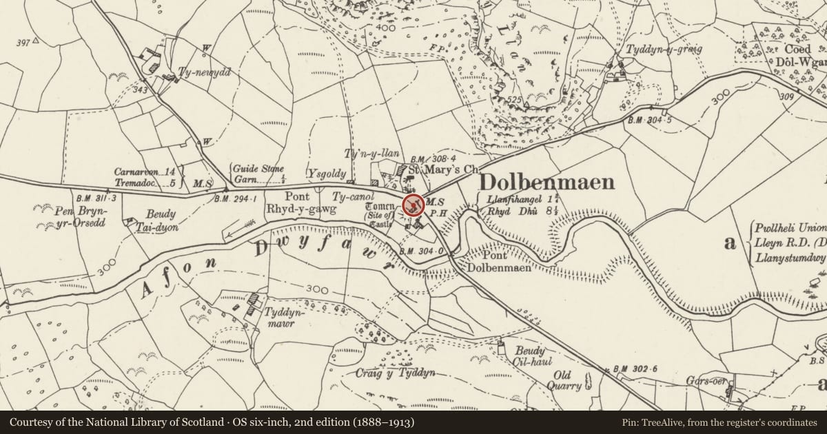 Ordnance Survey six-inch map, 2nd edition (1888–1913) covering the location of NW Range of Farm Buildings at Plas Dolbenmaen, Gwynedd, with a pin at the register's coordinates