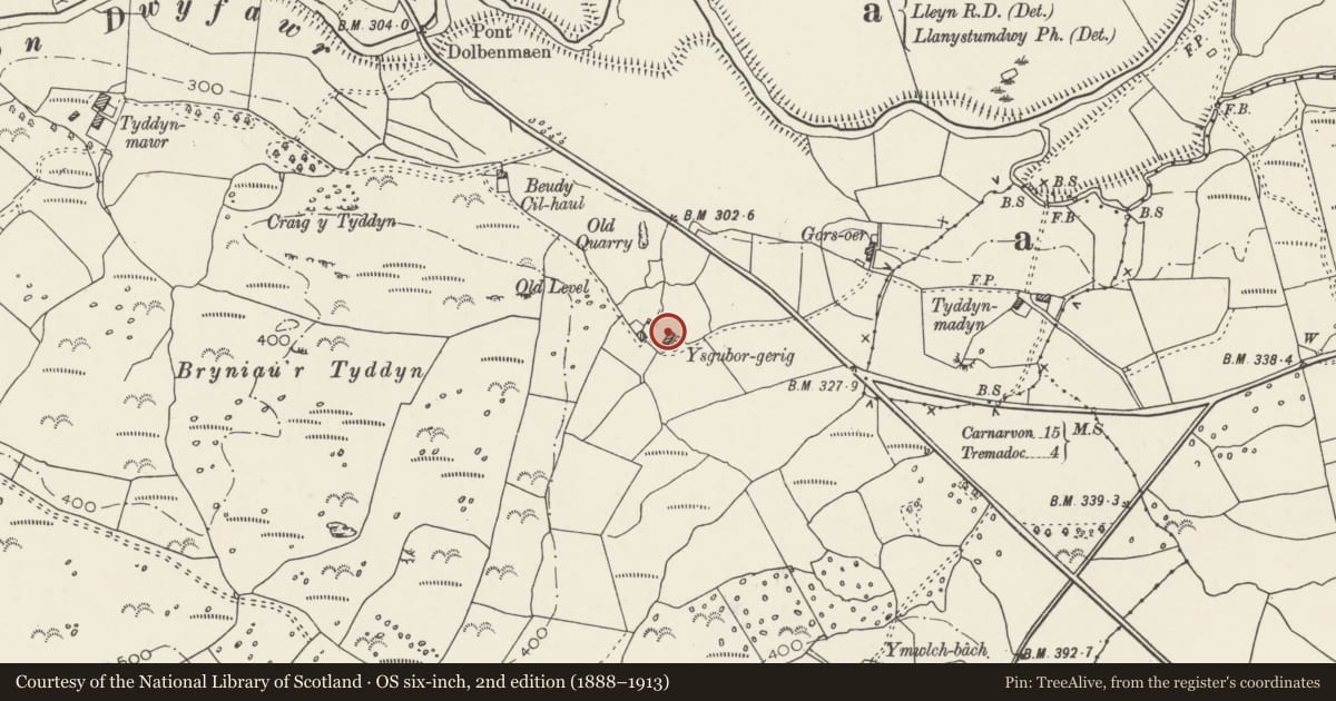 Ordnance Survey six-inch map, 2nd edition (1888–1913) covering the location of Ysgubor Gerrig, Dolbenmaen, Gwynedd, with a pin at the register's coordinates