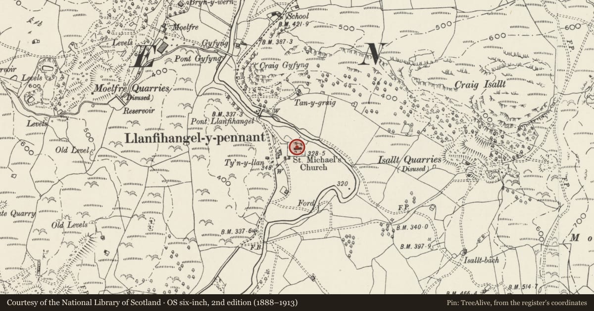 Ordnance Survey six-inch map, 2nd edition (1888–1913) covering the location of Church of St Michael, Dolbenmaen, Gwynedd, with a pin at the register's coordinates