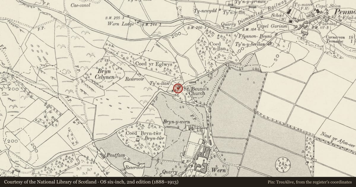 Ordnance Survey six-inch map, 2nd edition (1888–1913) covering the location of Lychgate at the Church of St Beuno, Dolbenmaen, Gwynedd, with a pin at the register's coordinates