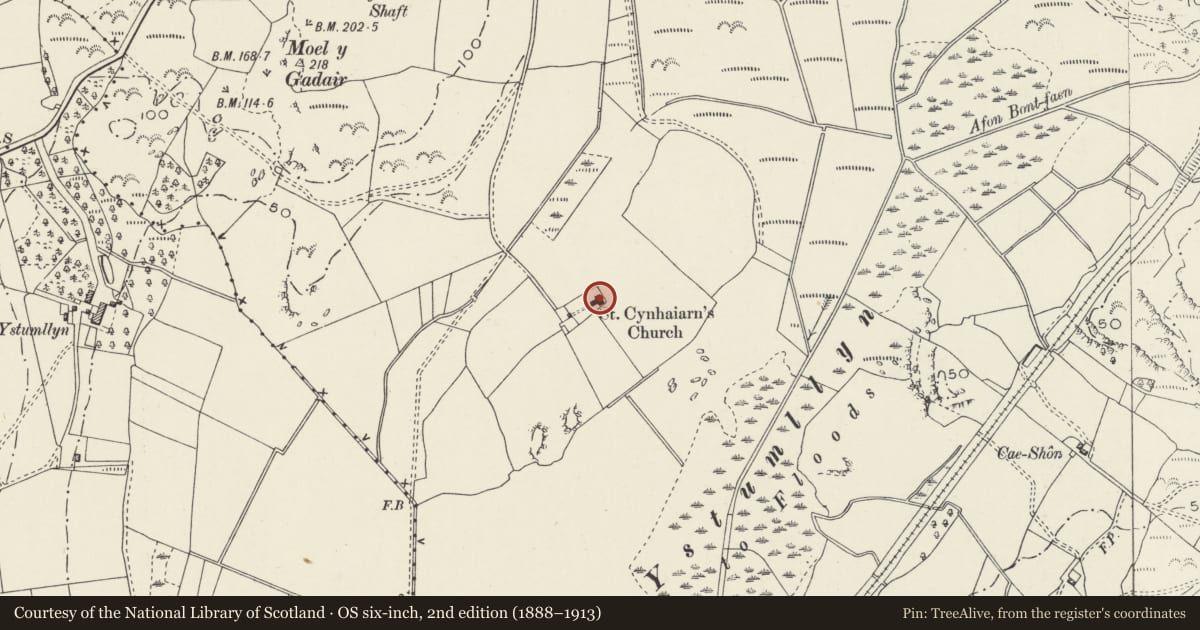 Ordnance Survey six-inch map, 2nd edition (1888–1913) covering the location of Church of St Cynhaearn, Dolbenmaen, Gwynedd, with a pin at the register's coordinates