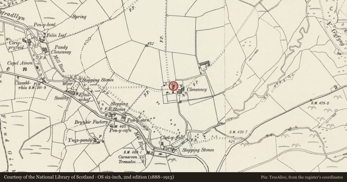 Ordnance Survey six-inch map, 2nd edition (1888–1913) covering the location of Barn at Clenennau, Dolbenmaen, Gwynedd, with a pin at the register's coordinates