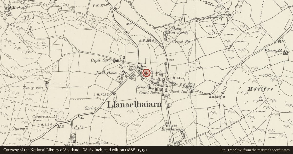 Ordnance Survey six-inch map, 2nd edition (1888–1913) covering the location of Church of St Aelhaearn, Llanaelhaearn, Gwynedd, with a pin at the register's coordinates