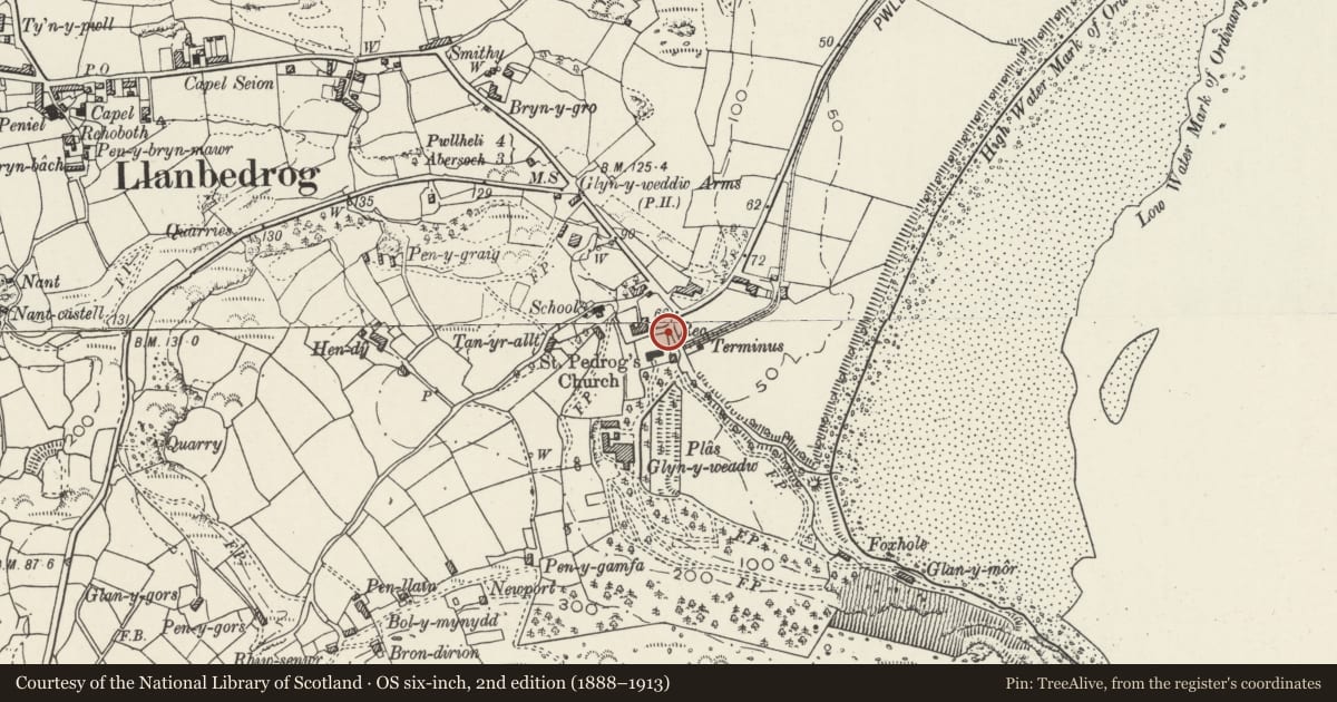 Ordnance Survey six-inch map, 2nd edition (1888–1913) covering the location of Lychgate to the churchyard of the Church of St Pedrog, Llanbedrog, Gwynedd, with a pin at the register's coordinates