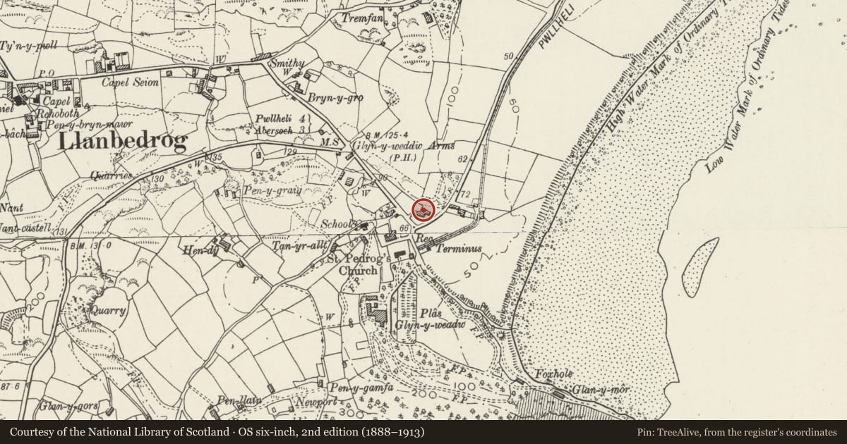 Ordnance Survey six-inch map, 2nd edition (1888–1913) covering the location of The Cottage, Llanbedrog, Gwynedd, with a pin at the register's coordinates