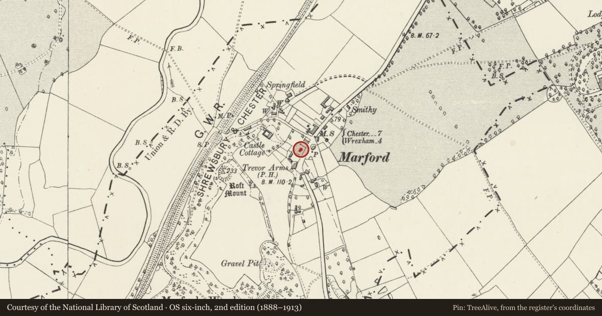 Ordnance Survey six-inch map, 2nd edition (1888–1913) covering the location of Yew Tree Cottage, Gresford, Wrexham, with a pin at the register's coordinates