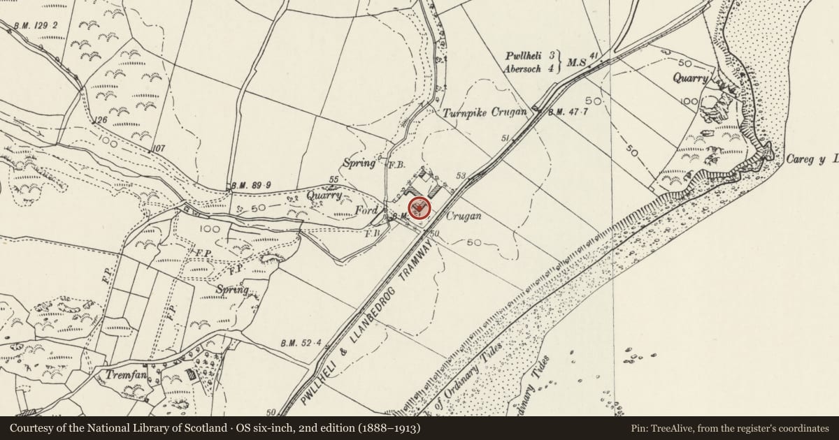 Ordnance Survey six-inch map, 2nd edition (1888–1913) covering the location of Crugan, Llanbedrog, Gwynedd, with a pin at the register's coordinates