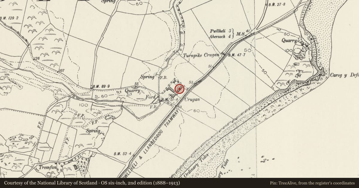 Ordnance Survey six-inch map, 2nd edition (1888–1913) covering the location of Barn at Crugan Farm, Llanbedrog, Gwynedd, with a pin at the register's coordinates
