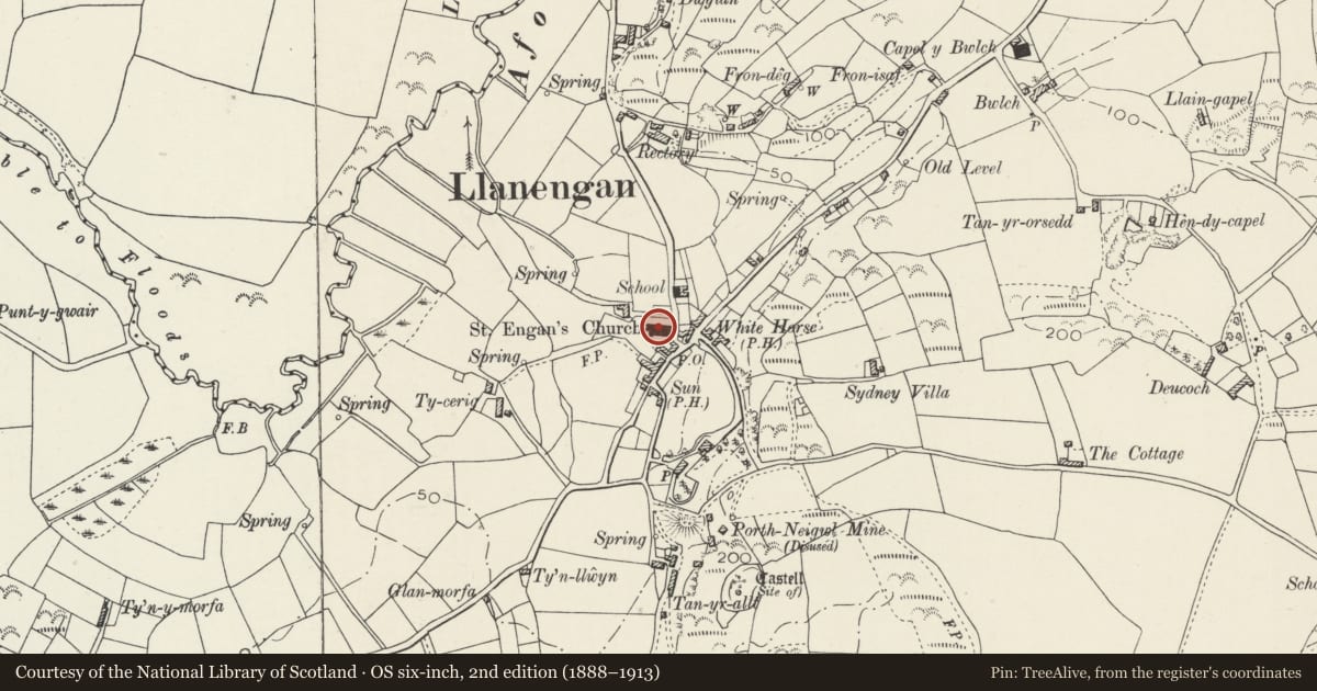 Ordnance Survey six-inch map, 2nd edition (1888–1913) covering the location of Church of St Engan, Llanengan, Gwynedd, with a pin at the register's coordinates