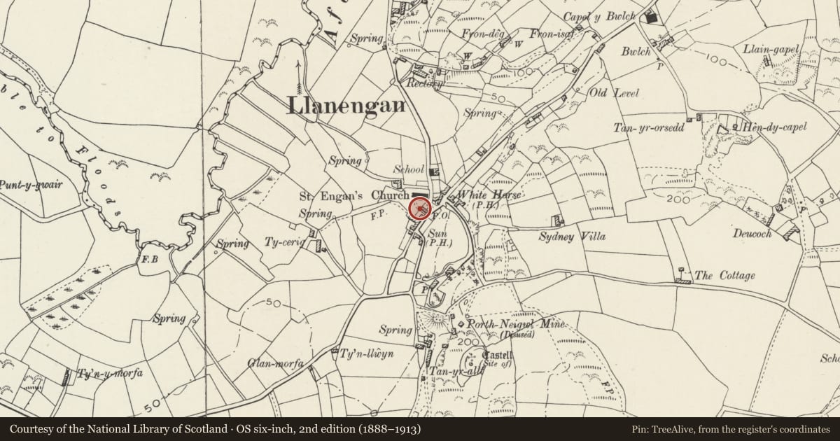 Ordnance Survey six-inch map, 2nd edition (1888–1913) covering the location of Lychgate to S of Church of St Engan, Llanengan, Gwynedd, with a pin at the register's coordinates