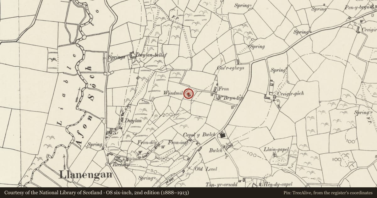 Ordnance Survey six-inch map, 2nd edition (1888–1913) covering the location of Windmill Remains near Bryn Felin, Llanengan, Gwynedd, with a pin at the register's coordinates
